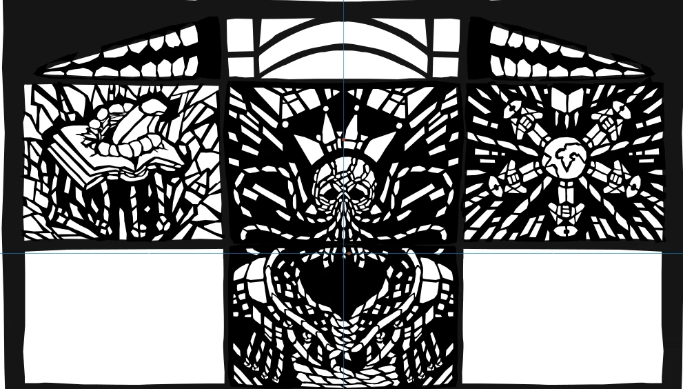 Black-and-white drawing detail, with geometric leading surrounding three distinct upper-pane motifs