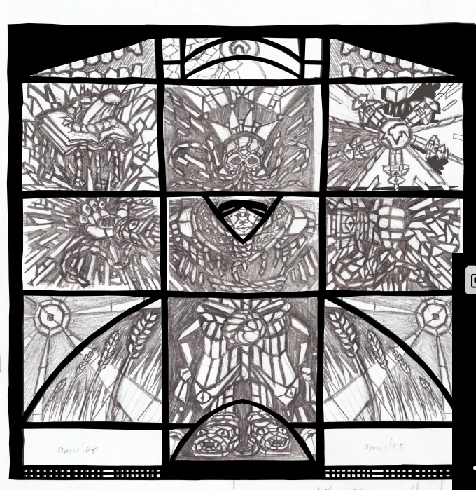 Early pencil layout: individual symbols sketched within the framework of a Saint’s window